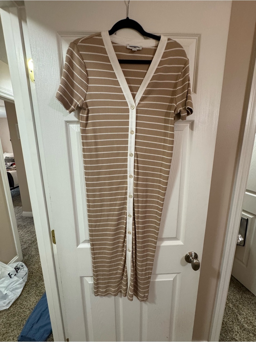 Ann Taylor Tan and White Striped Midi Button-Front Dress